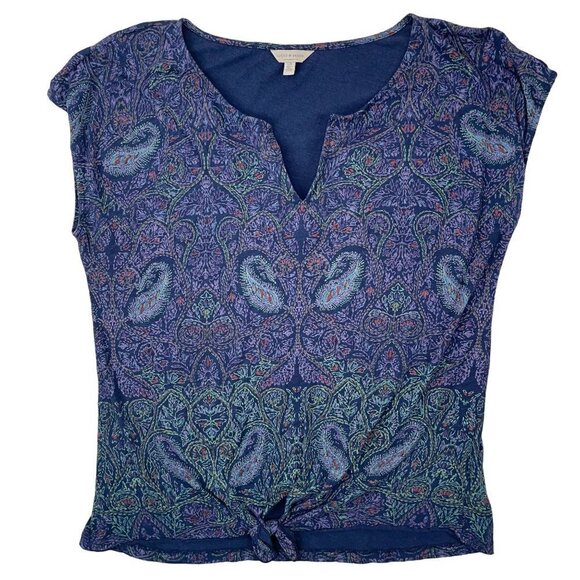 Lucky Brand LARGE Peacock Feather Paisley AOP Shirt Cttn/Modal Tie Front Blouse - Picture 1 of 7